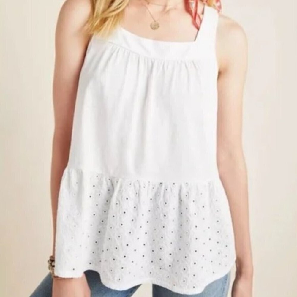 ANTHROPOLOGIE White Zinnia Eyelet Babydoll Sleeveless Tiered Tank Top Size XXS